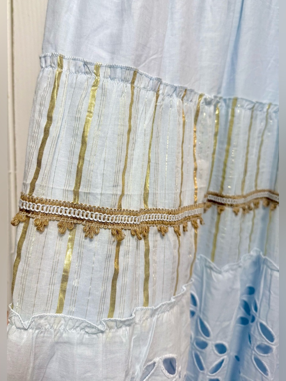 Light Blue Eyelet Midi Dress with Tan Trim - Picture 7 of 12